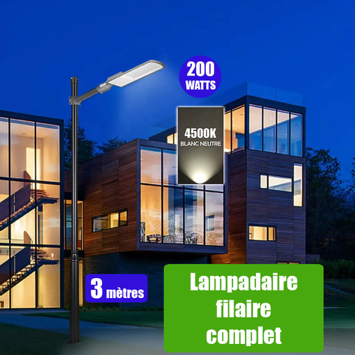 Pack lampadaire filaire complet 3 mètres : Lampe de rue filaire - Série FLEX ECO - 200 Watts - 4500k + Mât STANDARD - 3 mètres