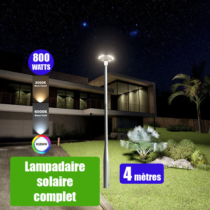 Pack lampadaire complet 4 mètres : Lampe solaire Série OVNI FUTUR 800 Watts 3000k / 6000k / RGB + Mât STANDARD V3 - 4 mètres - Couleur Gris