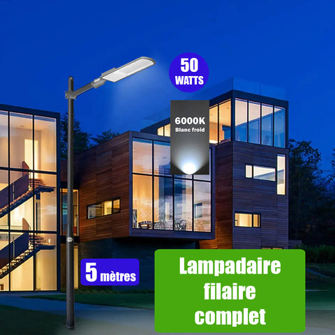 Pack lampadaire filaire complet 5 mètres : Lampe de rue filaire - Série FLEX ECO - 50 Watts - 6000k + Mât STANDARD V4 EVO - 5 mètres avec trappe + Support déporté 45mm ou Adaptateur rotatif 80/50 mm
