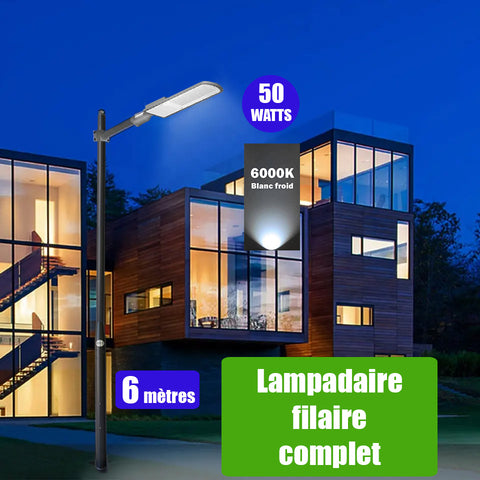 Pack lampadaire filaire complet 6 mètres : Lampe de rue filaire - Série FLEX ECO - 50 Watts - 6000k + Mât STANDARD  V4 EVO - 6 mètres avec trappe + Support déporté 45mm ou Adaptateur rotatif 80/50 mm