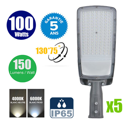 Pack de 5x Lampes de rue filaires - Série FLEX V3 - 100 Watts - 15 000 Lumens - 150 Lumens/Watt - Angle 130° x 75° - IP65 - 40 x 21 x 7cm - Tube d'insertion 60mm - Garantie 5 ans