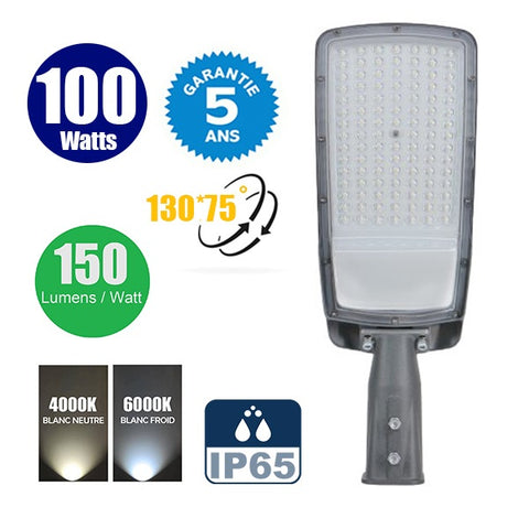 Lampe de rue filaire - Série FLEX V3 - 100 Watts - 15 000 Lumens - 150 Lumens/Watt - Angle 130° x 75° - IP65 - 40 x 21 x 7cm - Tube d'insertion 60mm - Garantie 5 ans