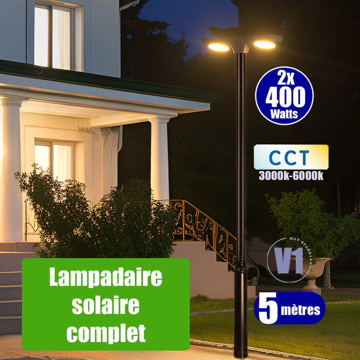 Pack lampadaire solaire complet 3/4/5/6 mètres au choix : Lampe solaire Série OVNI SATELLITE V2 + Mât EVO - Entraxe des trous 200mm - Noir