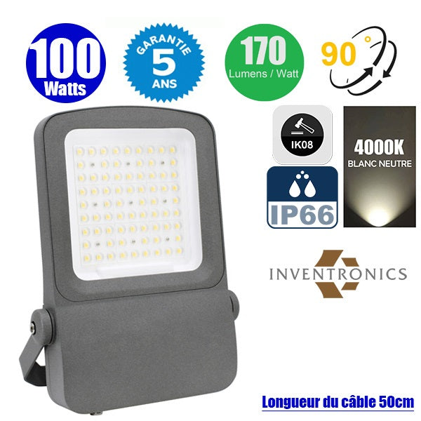 Projecteur LED filaire  - Série ELITE V2 - 100 Watts - 17 000 Lumens - 170 Lumens/Watt - Angle 90° - IP66 - IK08 - 42 x 29 x 5 cm - 4000K - Couleur GRIS - Transformateur INVENTRONICS - Garantie 5 ans