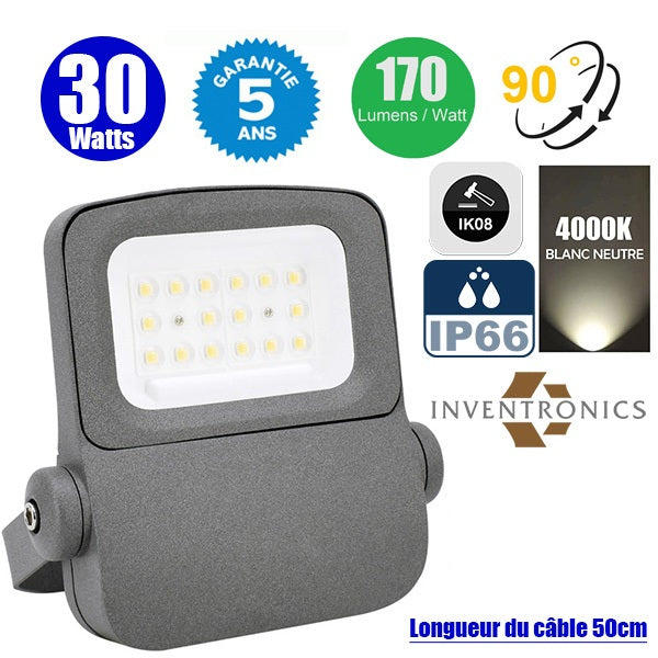 Projecteur LED filaire - Série ELITE V2 - 30 Watts - 5100 Lumens - 170 Lumens/Watt - Angle 90° - IP66 - IK08 - 27 x 23 x 5 cm - 4000K - Couleur GRIS - Transformateur INVENTRONICS - Garantie 5 ans