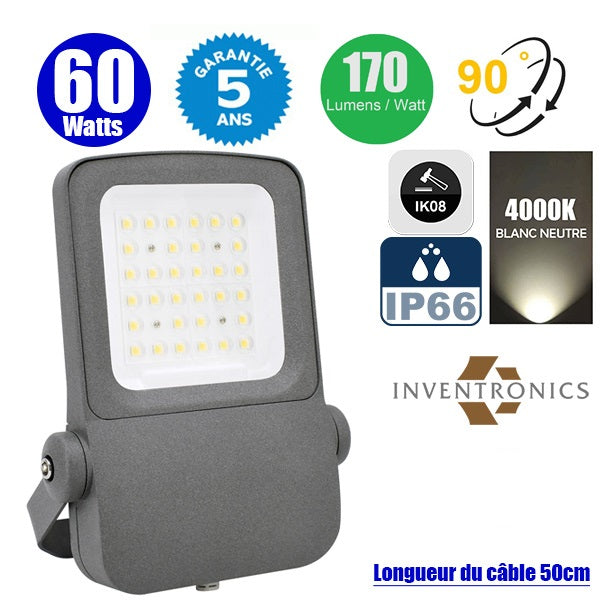 Projecteur LED filaire  - Série ELITE V2 - 60 Watts - 10 200 Lumens - 170 Lumens/Watt - Angle 90° - IP66 - IK08 - 32 x 22 x 5 cm - 4000K - Couleur GRIS - Transformateur INVENTRONICS - Garantie 5 ans