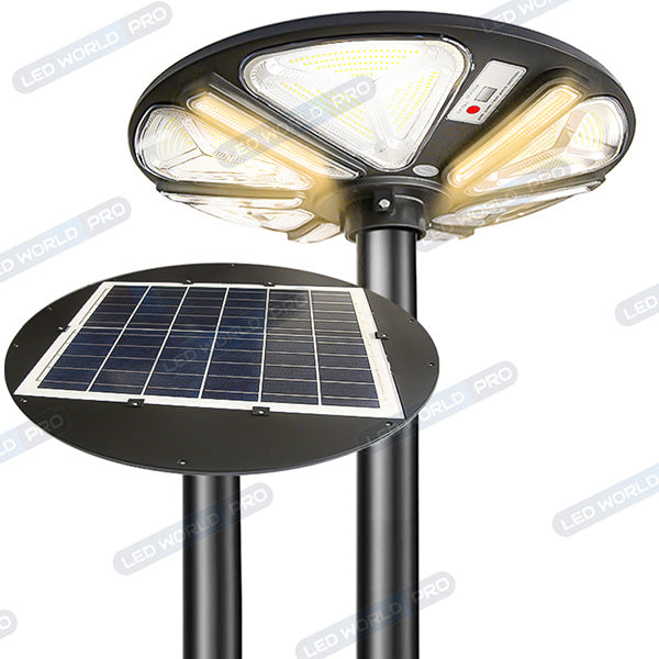Pack lampadaire complet 5 mètres : Lampe solaire Série OVNI TRICOLORE 300 Watts 3000K / 4000K / 6000K + Mât STANDARD 5 mètres