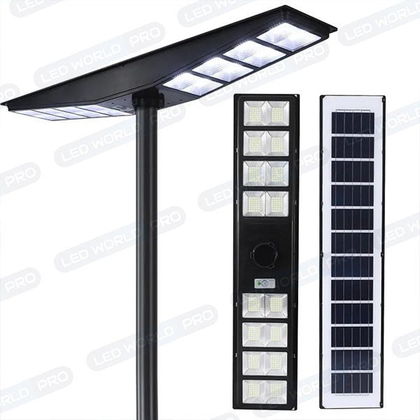 Pack de 4x Lampadaires solaires pour extérieur - Série OVNI SATELLITE - 500 Watts - Angle 240° - IP65 - 117 x 24 x 12 cm - Diamètre tube d’insertion 76/60mm - 3 Modes - Télécommande - Détecteur de mouvement - Capteur crépusculaire - 3000k