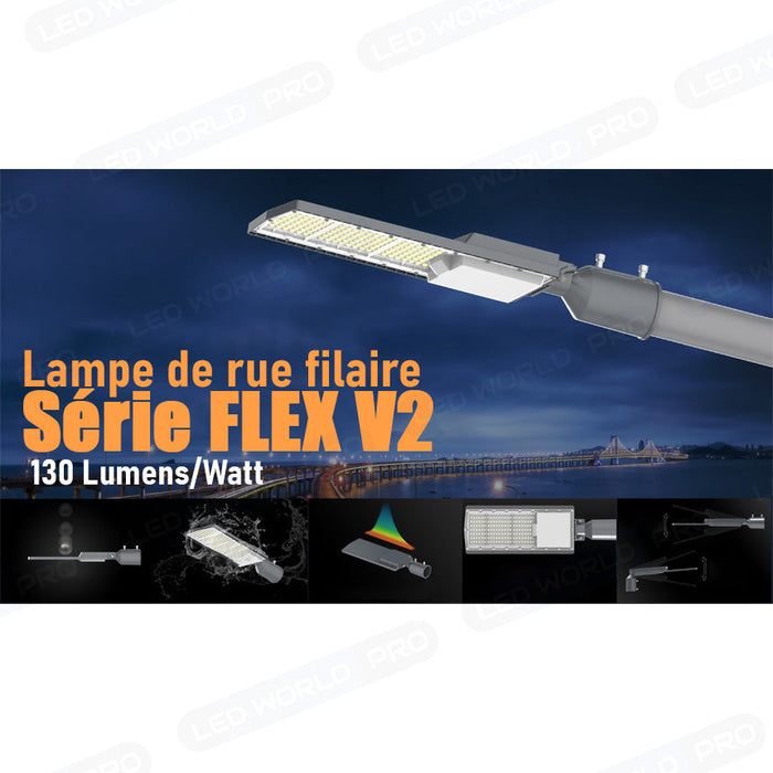Lampe de rue filaire - Série FLEX V2 - 50 Watts - 6 500 Lumens - 130 Lumens/Watt - IP65 - IK09 - Angle 140x70° - 46 x 12 x 2 cm - 3000k – Angle rotatif ajustable - Tube d'insertion 50/60mm - Garantie 5 ans