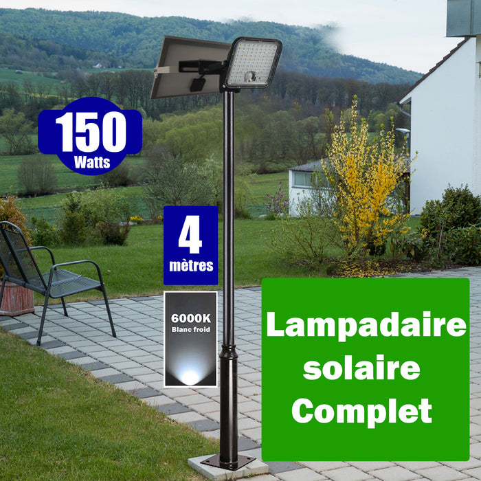 Pack lampadaire complet 4 mètres : Projecteur LED solaire - Série SECURITY V1 - Rendu lumineux 150 Watts 6000k + Mât STANDARD - 4 mètres au choix (Série STANDARD V1 EVO ou Série STANDARD V4 EVO - Avec trappe) + Tête de mât rectangulaire
