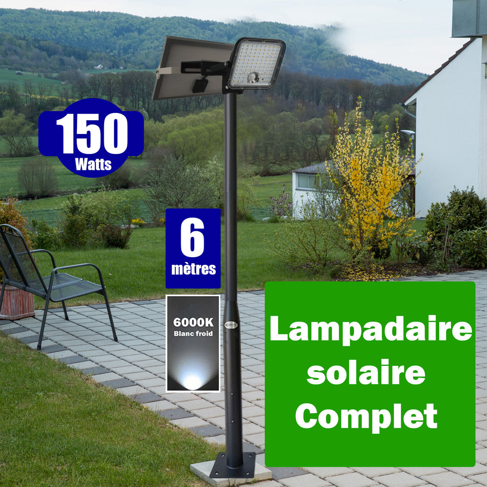 Pack lampadaire complet 6 mètres : Projecteur LED solaire - Série SECURITY V1 - Rendu lumineux 150 Watts 6000k + Mât STANDARD - 6 mètres au choix (Série STANDARD V1 EVO ou Série STANDARD V4 EVO - Avec trappe) + Tête de mât rectangulaire
