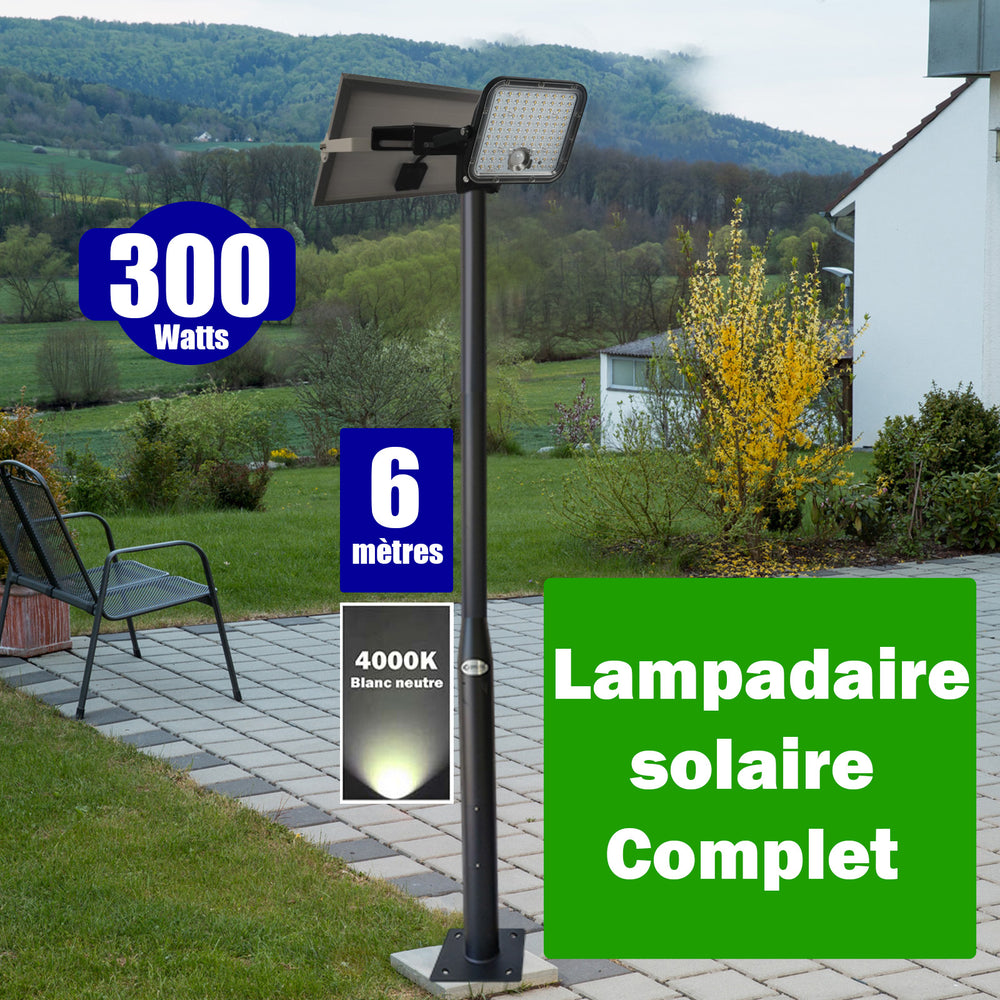 Pack lampadaire complet 6 mètres : Projecteur LED solaire - Série SECURITY V1 - Rendu lumineux 300 Watts 4000k + Mât STANDARD - 6 mètres au choix (Série STANDARD V1 EVO ou Série STANDARD V4 EVO - Avec trappe) + Tête de mât rectangulaire