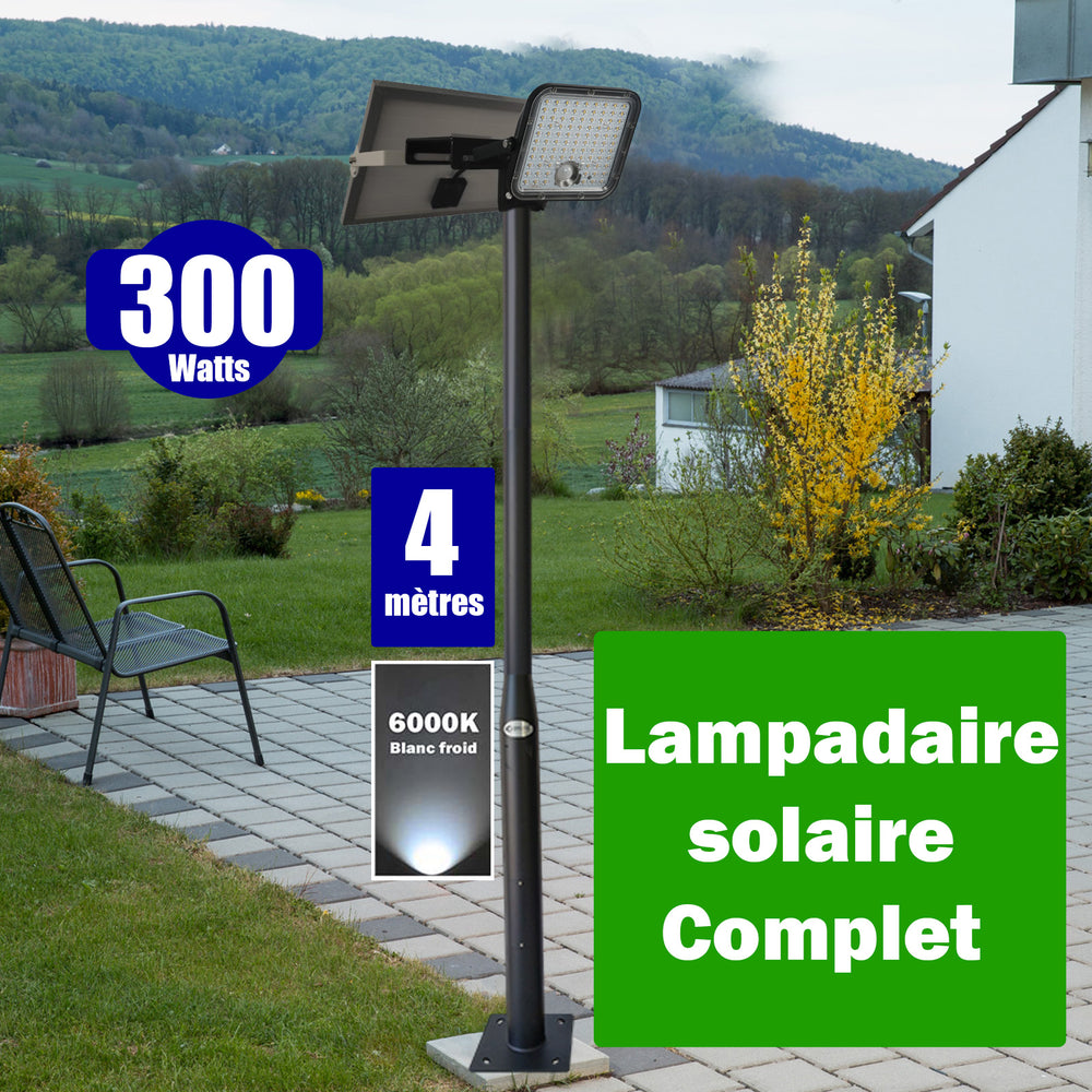 Pack lampadaire complet 4 mètres : Projecteur LED solaire - Série SECURITY V1 - Rendu lumineux 300 Watts 6000k + Mât STANDARD - 4 mètres au choix (Série STANDARD V1 EVO ou Série STANDARD V4 EVO - Avec trappe) + Tête de mât rectangulaire