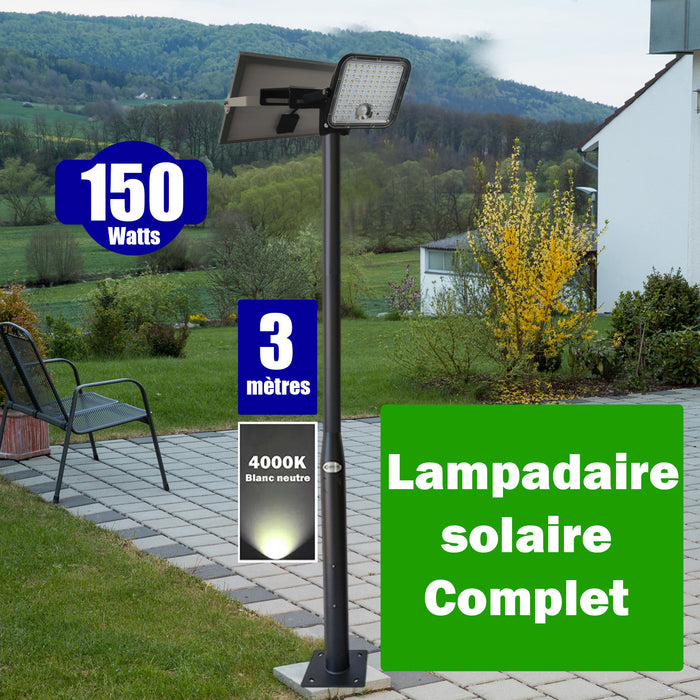 Pack lampadaire complet 3 mètres : Projecteur LED solaire - Série SECURITY V1 - Rendu lumineux 150 Watts 4000k + Mât STANDARD - 3 mètres au choix (Série STANDARD V1 EVO ou Série STANDARD V4 EVO - Avec trappe) + Tête de mât rectangulaire