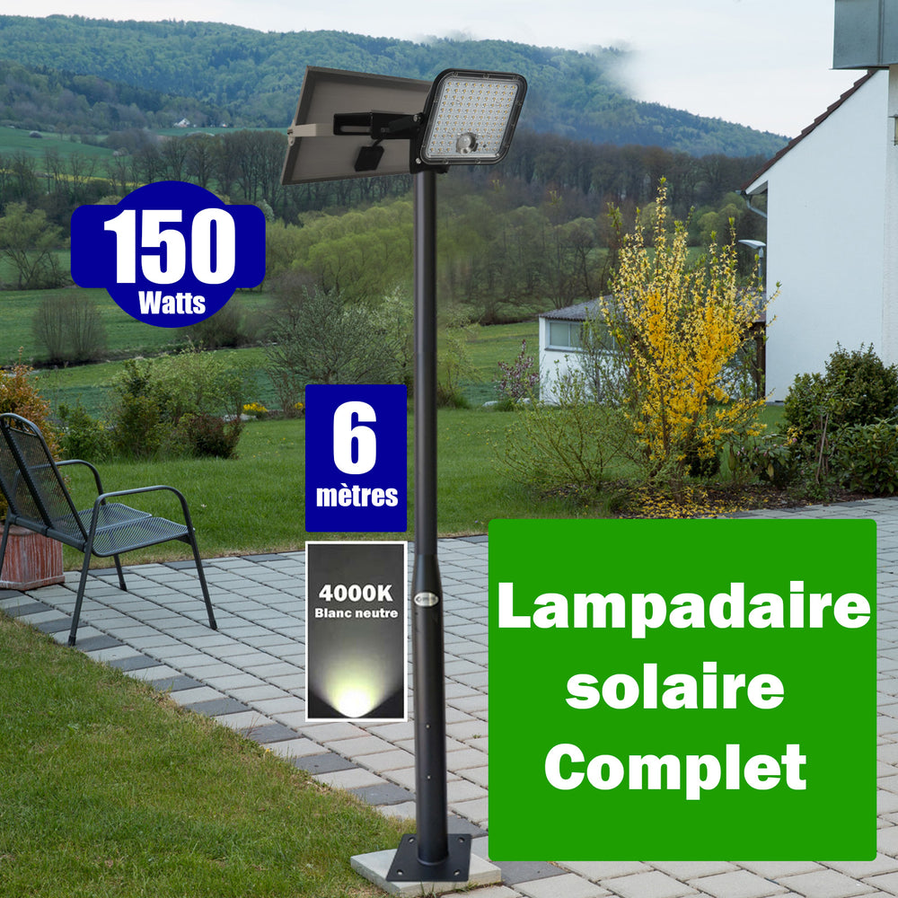 Pack lampadaire complet 6 mètres : Projecteur LED solaire - Série SECURITY V1 - Rendu lumineux 150 Watts 4000k + Mât STANDARD - 6 mètres au choix (Série STANDARD V1 EVO ou Série STANDARD V4 EVO - Avec trappe) + Tête de mât rectangulaire