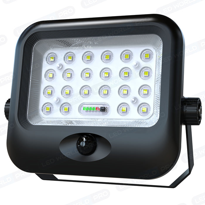 Projecteur LED solaire - Série SECURITY V4 - CCT (3000k/4000k/6000k) - Rendu lumineux 200 Watts - 1600 Lumens - Angle 90° - IP65 - Lampe 23 x 18 x 5 cm - Panneau MONOCRISTALLIN FULL BLACK 27 x 18 x 2 cm - Avec détecteur de mouvement - Avec télécommande