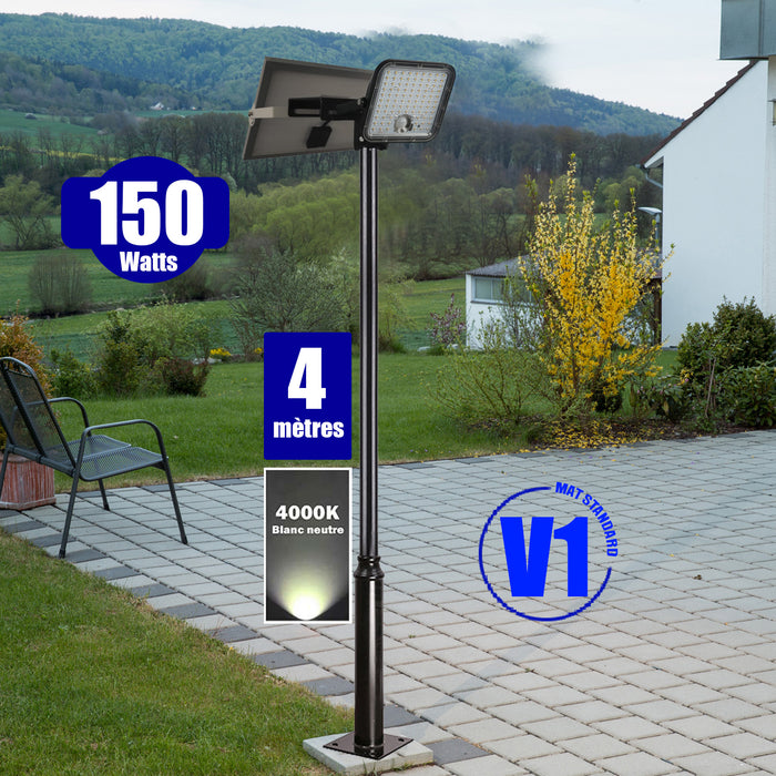 Pack lampadaire solaire complet 3/4/5/6 mètres au choix : Projecteur solaire Série SECURITY V1 + Mât EVO - Entraxe des trous 200mm - Noir