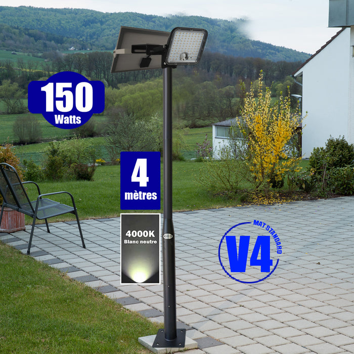 Pack lampadaire solaire complet 3/4/5/6 mètres au choix : Projecteur solaire Série SECURITY V1 + Mât EVO - Entraxe des trous 200mm - Noir