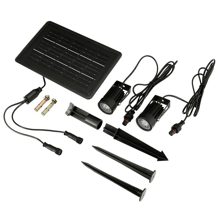 Pack de 4x Balises / Bornes LED Solaires à piquet - Série SPIKE - 2 x 50 Watts - 2x 130 Lumens - Angle 30° - IP65 - 3000K - 4 Modes - Cable 2x 2 mètres - Avec capteur crépusculaire - Panneau MONOCRISTALLIN