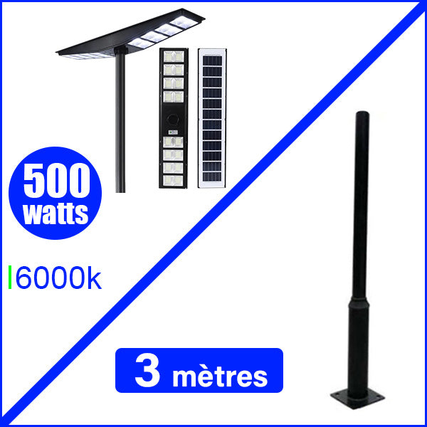 Pack lampadaire Solaire série OVNI SATELLITE : Lampadaire solaire pour extérieur 500 Watts - 3000k + Mâts STANDARD 3 mètres