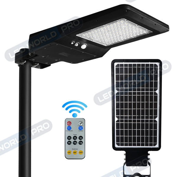 Pack de 4x Lampes de rue et parking Solaires - Série STREET EVO V2 – Rendu lumineux 600 Watts - 6000 Lumens - CCT 3000k/4000k/6000k Ajustable - IP65 - 140x70° - 71 x 29 x 7 cm - Tube d'insertion 50-60mm - Télécommande - Détecteur de mouvement