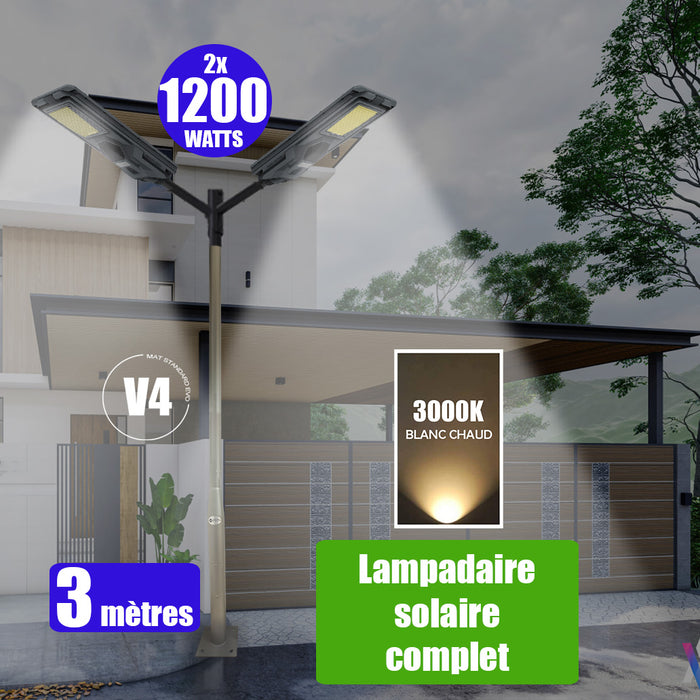 Pack lampadaire solaire complet double tête 3 mètres : 2x Lampes solaires Série STARSHIP 1200 Watts - 3000K + Mât STANDARD 3 mètres au choix (Série STANDARD V1 EVO ou Série STANDARD V4 EVO - Avec trappe) + Double tête de mât + 2x Adaptateurs ajustables