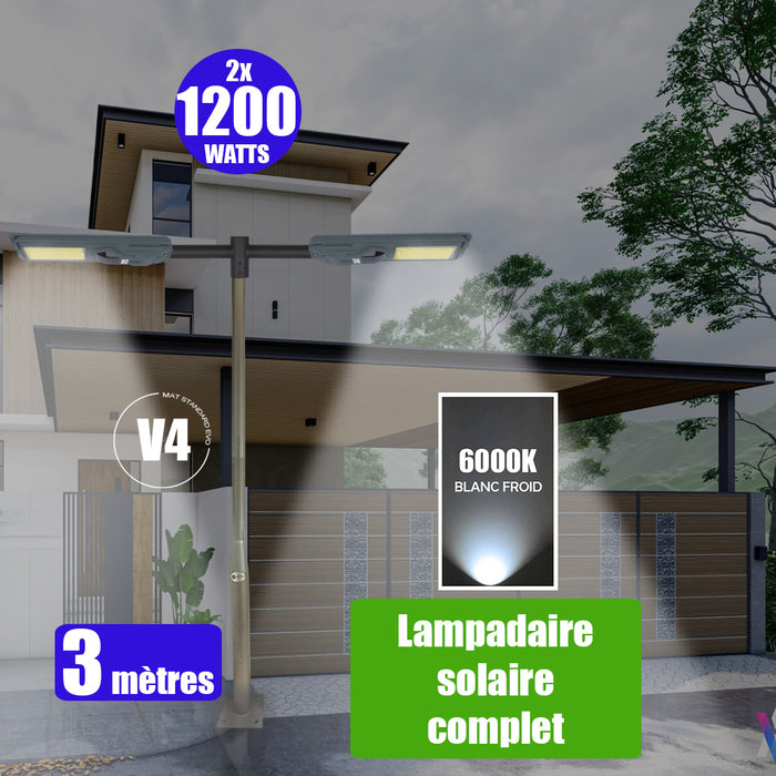 Pack lampadaire solaire complet double tête 3 mètres : 2x Lampes solaires Série STARSHIP 1200 Watts - 6000K + Mât STANDARD 3 mètres au choix (Série STANDARD V1 EVO ou Série STANDARD V4 EVO - Avec trappe) + Double tête de mât + 2x Adaptateurs ajustables