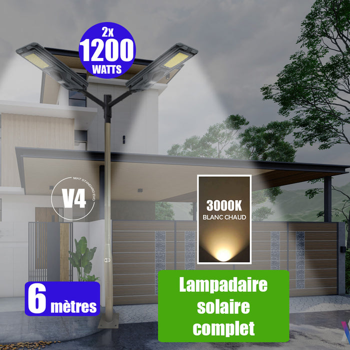 Pack lampadaire complet double tête 6 mètres : 2x Lampes solaires Série STARSHIP 1200 Watts - 3000K + Mât STANDARD 6 mètres au choix (Série STANDARD V1 EVO ou Série STANDARD V4 EVO - Avec trappe) + Double tête de mât + 2x Adaptateurs ajustables