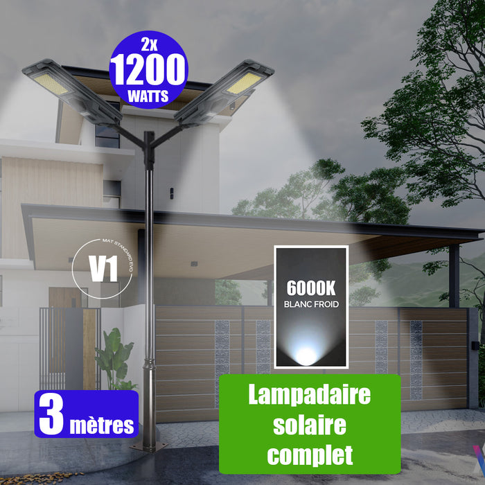 Pack lampadaire solaire complet double tête 3 mètres : 2x Lampes solaires Série STARSHIP 1200 Watts - 6000K + Mât STANDARD 3 mètres au choix (Série STANDARD V1 EVO ou Série STANDARD V4 EVO - Avec trappe) + Double tête de mât + 2x Adaptateurs ajustables