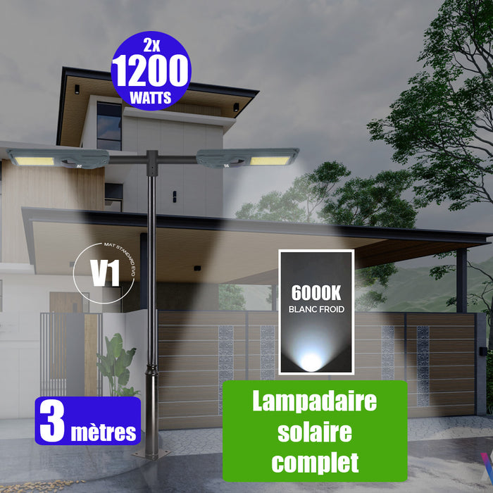 Pack lampadaire solaire complet double tête 3 mètres : 2x Lampes solaires Série STARSHIP 1200 Watts - 6000K + Mât STANDARD 3 mètres au choix (Série STANDARD V1 EVO ou Série STANDARD V4 EVO - Avec trappe) + Double tête de mât + 2x Adaptateurs ajustables