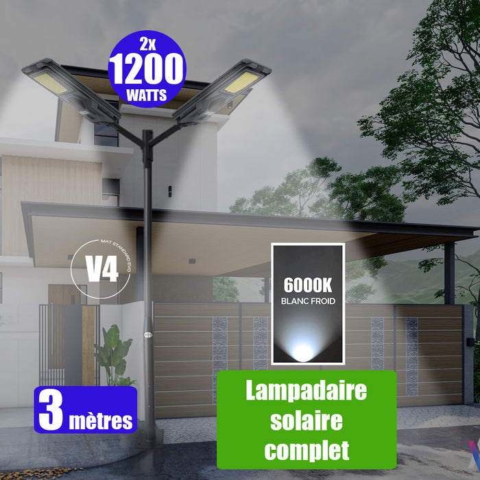 Pack lampadaire solaire complet double tête 3 mètres : 2x Lampes solaires Série STARSHIP 1200 Watts - 6000K + Mât STANDARD 3 mètres au choix (Série STANDARD V1 EVO ou Série STANDARD V4 EVO - Avec trappe) + Double tête de mât + 2x Adaptateurs ajustables
