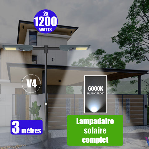 Pack lampadaire solaire complet double tête 3 mètres : 2x Lampes solaires Série STARSHIP 1200 Watts - 6000K + Mât STANDARD 3 mètres au choix (Série STANDARD V1 EVO ou Série STANDARD V4 EVO - Avec trappe) + Double tête de mât + 2x Adaptateurs ajustables