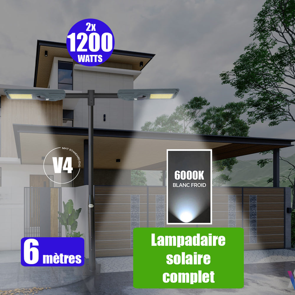 Pack lampadaire complet double tête 6 mètres : 2x Lampes solaires Série STARSHIP 1200 Watts - 6000K + Mât STANDARD 6 mètres au choix (Série STANDARD V1 EVO ou Série STANDARD V4 EVO - Avec trappe) + Double tête de mât + 2x Adaptateurs ajustables