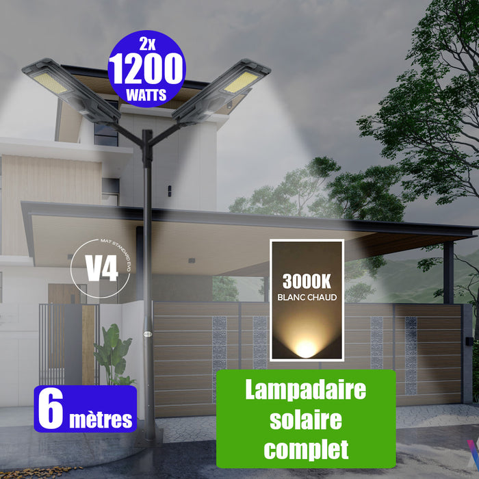 Pack lampadaire complet double tête 6 mètres : 2x Lampes solaires Série STARSHIP 1200 Watts - 3000K + Mât STANDARD 6 mètres au choix (Série STANDARD V1 EVO ou Série STANDARD V4 EVO - Avec trappe) + Double tête de mât + 2x Adaptateurs ajustables