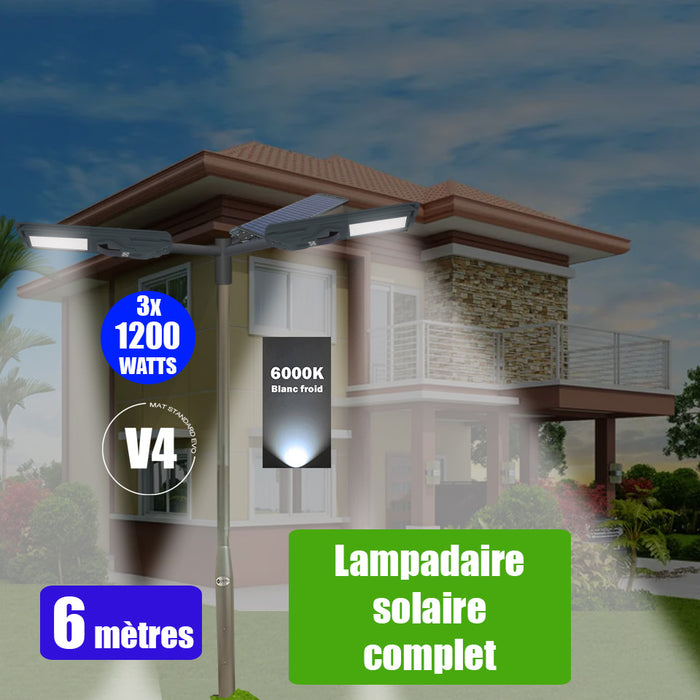 Pack lampadaire complet triple tête 6 mètres : 3x Lampes solaires Série STARSHIP 1200 Watts - 6000K + Mât STANDARD 6 mètres au choix (Série STANDARD V1 EVO ou Série STANDARD V4 EVO - Avec trappe) + Triple tête de mât + 3x Adaptateurs ajustables