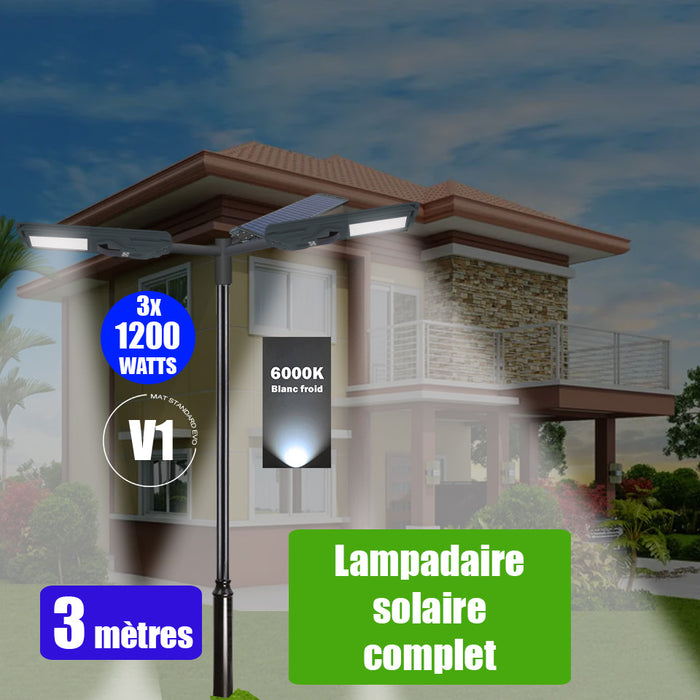 Pack lampadaire complet triple tête 3 mètres : 3x Lampes solaires Série STARSHIP 1200 Watts - 6000K + Mât STANDARD 3 mètres au choix (Série STANDARD V1 EVO ou Série STANDARD V4 EVO - Avec trappe) + Triple tête de mât + 3x Adaptateurs ajustables