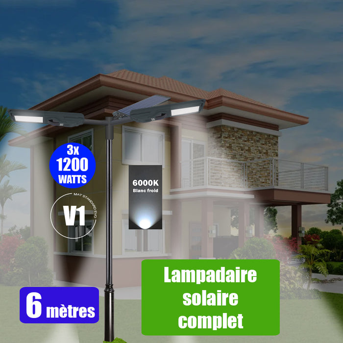 Pack lampadaire complet triple tête 6 mètres : 3x Lampes solaires Série STARSHIP 1200 Watts - 6000K + Mât STANDARD 6 mètres au choix (Série STANDARD V1 EVO ou Série STANDARD V4 EVO - Avec trappe) + Triple tête de mât + 3x Adaptateurs ajustables