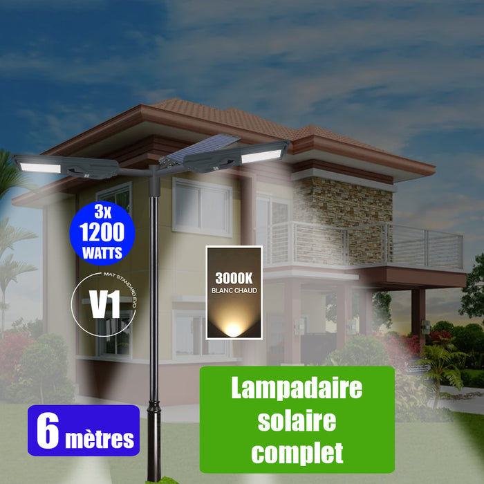 Pack lampadaire complet triple tête 6 mètres : 3x Lampes solaires Série STARSHIP 1200 Watts - 3000K + Mât STANDARD 6 mètres au choix (Série STANDARD V1 EVO ou Série STANDARD V4 EVO - Avec trappe) + Triple tête de mât + 3x Adaptateurs ajustables
