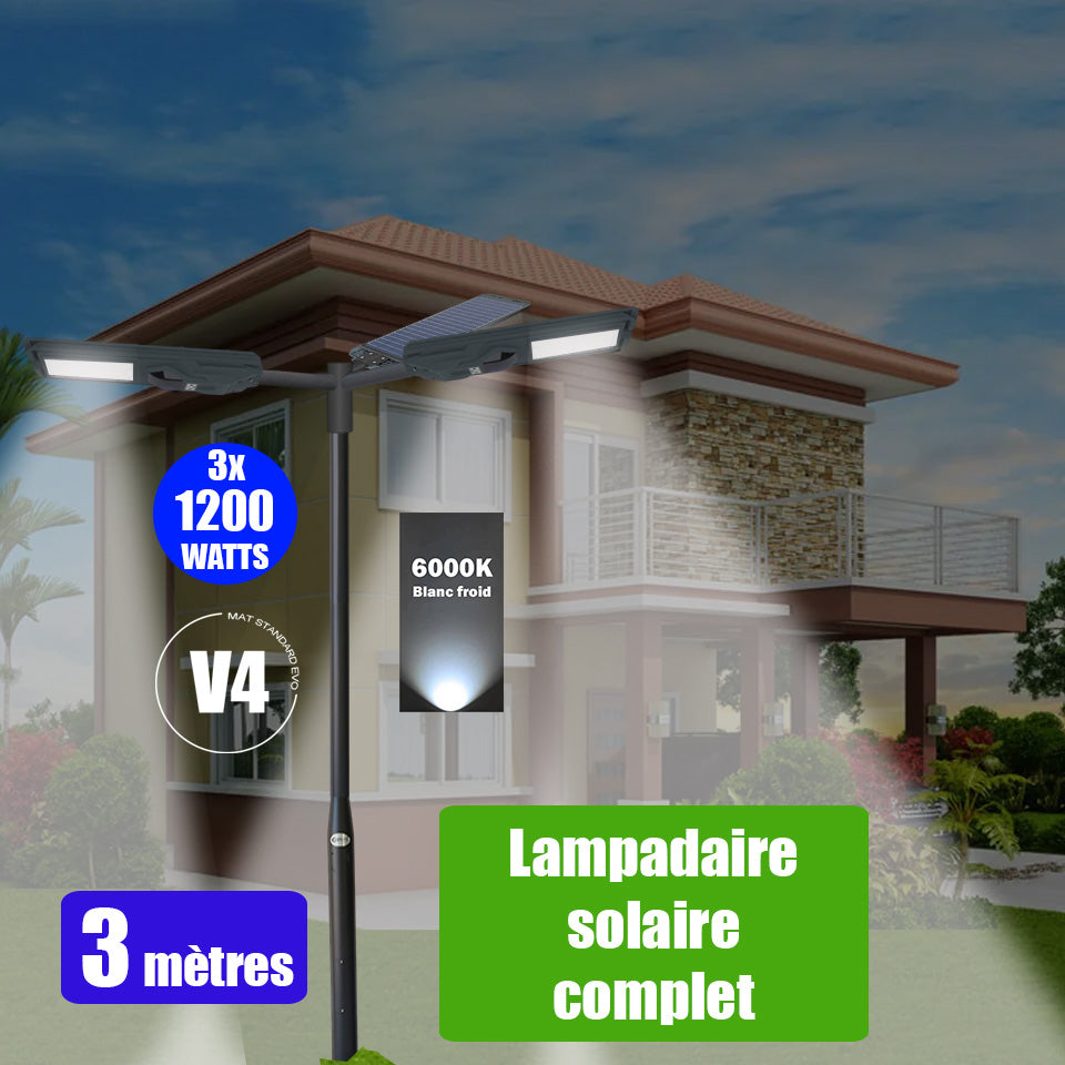 Pack lampadaire complet triple tête 3 mètres : 3x Lampes solaires Série STARSHIP 1200 Watts - 6000K + Mât STANDARD 3 mètres au choix (Série STANDARD V1 EVO ou Série STANDARD V4 EVO - Avec trappe) + Triple tête de mât + 3x Adaptateurs ajustables