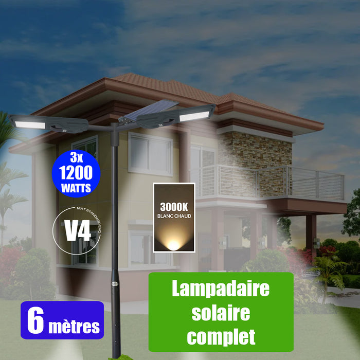 Pack lampadaire complet triple tête 6 mètres : 3x Lampes solaires Série STARSHIP 1200 Watts - 3000K + Mât STANDARD 6 mètres au choix (Série STANDARD V1 EVO ou Série STANDARD V4 EVO - Avec trappe) + Triple tête de mât + 3x Adaptateurs ajustables
