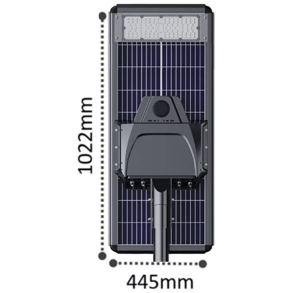 Lampe de rue solaire - Série STARSHIP ELITE - 4800 Lumens - Angle 150x70° - IP65 - 102 x 45 x 9 cm - 3000k/4000k/6000k au choix - Structure ALUMINIUM - Tube d'insertion 76mm - Régulateur MPPT - Détecteur de mouvement - Télécommande - Garantie 3 ans