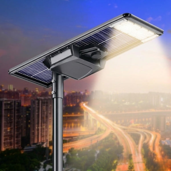 Lampe de rue solaire - Série STARSHIP ELITE - 4800 Lumens - Angle 150x70° - IP65 - 102 x 45 x 9 cm - 3000k/4000k/6000k au choix - Structure ALUMINIUM - Tube d'insertion 76mm - Régulateur MPPT - Détecteur de mouvement - Télécommande - Garantie 3 ans