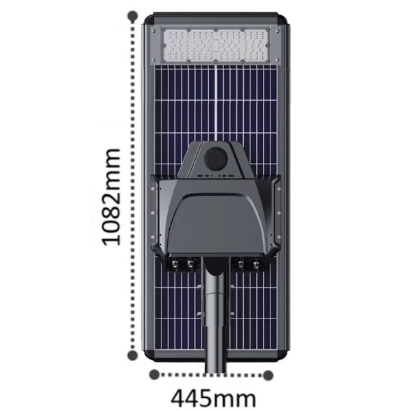 Lampe de rue solaire - Série STARSHIP ELITE - 6400 Lumens - Angle 150x70° - IP65 - 108 x 45 x 9 cm - 3000k/4000k/6000k au choix - Structure ALUMINIUM - Tube d'insertion 76mm - Régulateur MPPT - Détecteur de mouvement - Télécommande - Garantie 3 ans