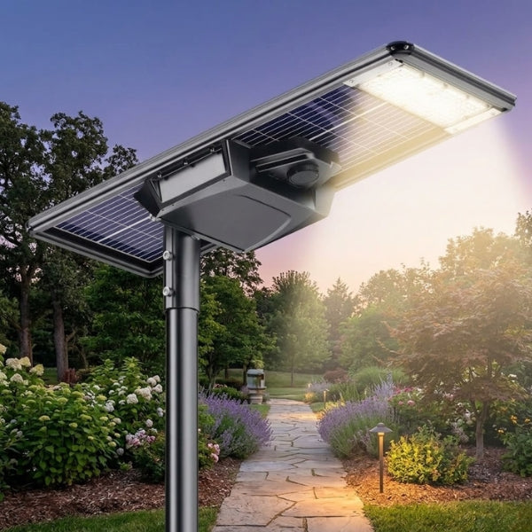 Lampe de rue solaire - Série STARSHIP ELITE - 6400 Lumens - Angle 150x70° - IP65 - 108 x 45 x 9 cm - 3000k/4000k/6000k au choix - Structure ALUMINIUM - Tube d'insertion 76mm - Régulateur MPPT - Détecteur de mouvement - Télécommande - Garantie 3 ans