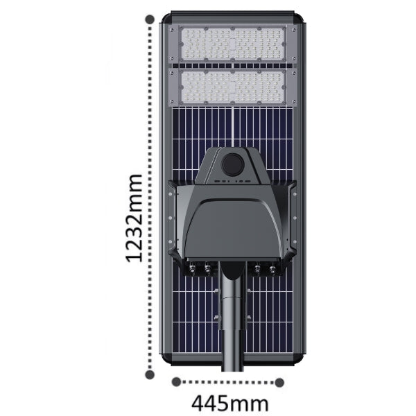 Lampe de rue solaire - Série STARSHIP ELITE - 9600 Lumens - Angle 150x70° - IP65 - 123 x 45 x 9 cm - 3000k/4000k/6000k au choix - Structure ALUMINIUM - Tube d'insertion 76mm - Régulateur MPPT - Détecteur de mouvement - Télécommande - Garantie 3 ans