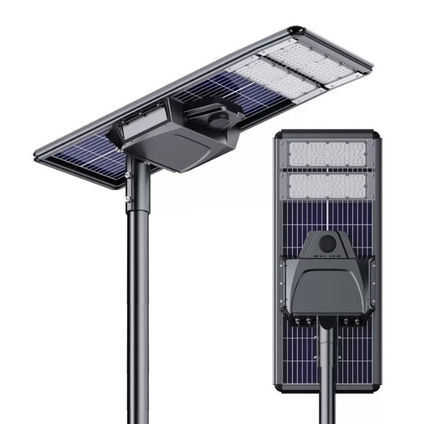 Lampe de rue solaire - Série STARSHIP ELITE - 9600 Lumens - Angle 150x70° - IP65 - 123 x 45 x 9 cm - 3000k/4000k/6000k au choix - Structure ALUMINIUM - Tube d'insertion 76mm - Régulateur MPPT - Détecteur de mouvement - Télécommande - Garantie 3 ans