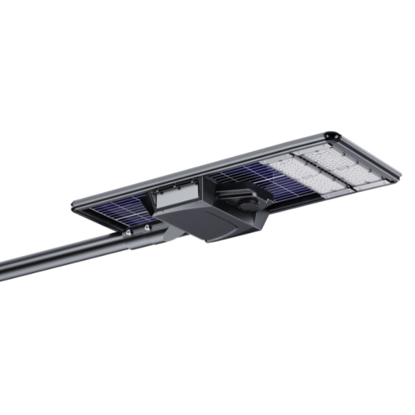 Lampe de rue solaire - Série STARSHIP ELITE - 9600 Lumens - Angle 150x70° - IP65 - 123 x 45 x 9 cm - 3000k/4000k/6000k au choix - Structure ALUMINIUM - Tube d'insertion 76mm - Régulateur MPPT - Détecteur de mouvement - Télécommande - Garantie 3 ans