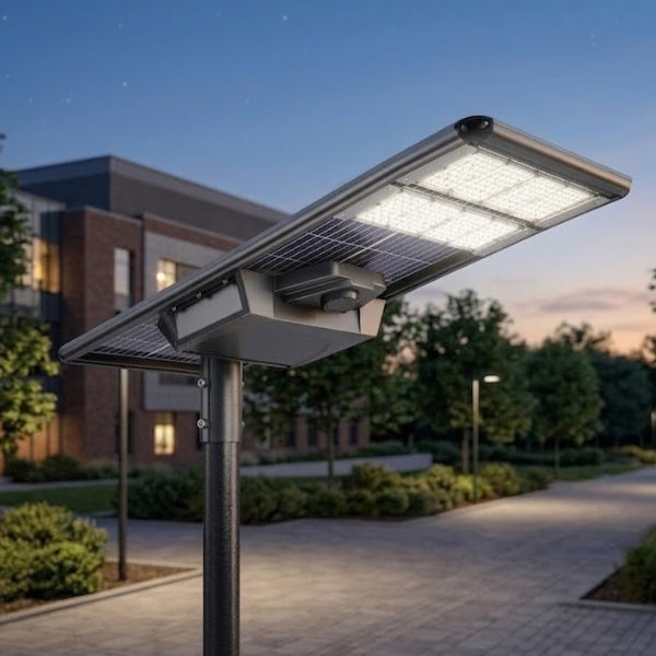 Lampe de rue solaire - Série STARSHIP ELITE - 9600 Lumens - Angle 150x70° - IP65 - 123 x 45 x 9 cm - 3000k/4000k/6000k au choix - Structure ALUMINIUM - Tube d'insertion 76mm - Régulateur MPPT - Détecteur de mouvement - Télécommande - Garantie 3 ans