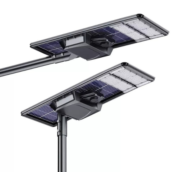 Lampe de rue solaire - Série STARSHIP ELITE - 9600 Lumens - Angle 150x70° - IP65 - 123 x 45 x 9 cm - 3000k/4000k/6000k au choix - Structure ALUMINIUM - Tube d'insertion 76mm - Régulateur MPPT - Détecteur de mouvement - Télécommande - Garantie 3 ans