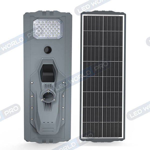 Lampe de rue solaire - Série STARSHIP ULTRA 4500 - Rendu lumineux 1600 Watts - 4500 Lumens - Couleur 3000k - Angle 150x70° - IP65 - Structure aluminium - Dimensions 93 x 36 x 16 cm - Tube d'insertion 76mm - Contrôle intelligent - Capteur PIR